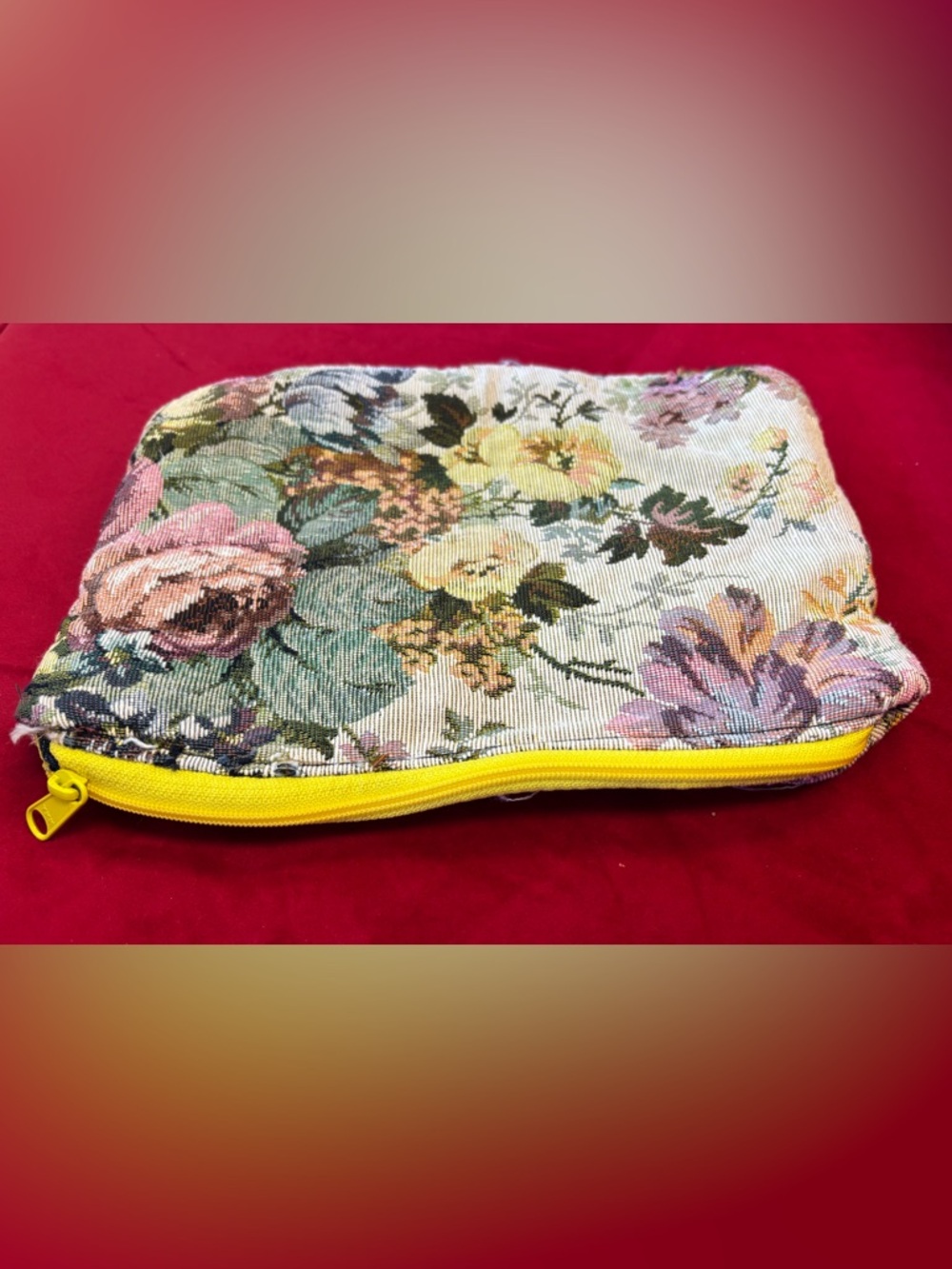 Vintage Floral Tapestry Pouch with Yellow Trim
